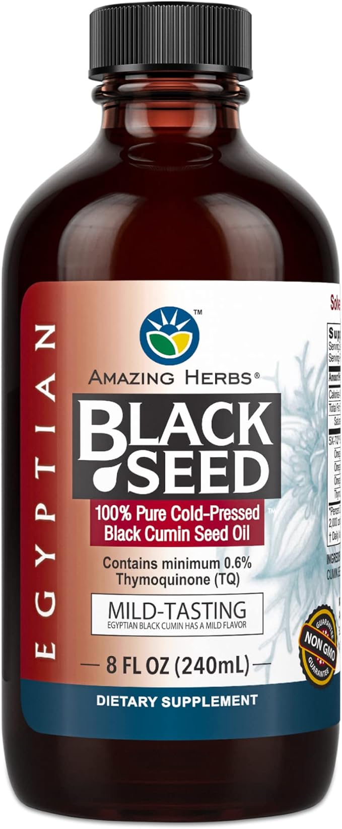 Amazing Herbs Egyptian Black Seed Oil - Gluten Free Non GMO Cold Pressed Nigella Sativa Supports Digestive Health Immune Support Mild Flavor - 8 Fl Oz