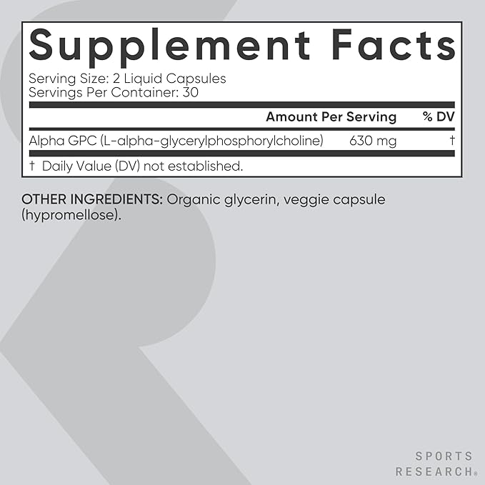 Sports Research® Alpha GPC 630mg (Extra Strength) - Bioavailable Source of Choline - Focus &amp Cognitive Support for Women &amp Men - Vegan Certified · Non-GMO · Gluten Free - 60 Liquid Capsules