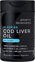 Sports Research® Omega-3 Wild Alaskan Cod Liver Oil 1000mg with Vitamins A (1000 IU) &amp D3 (400 IU) - Burpless Bovine Free Non-GMO &amp MSC Certified Sustainable - 120 Softgels