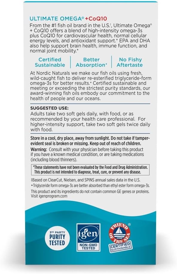 Nordic Naturals Ultimate Omega + CoQ10 Lemon - 120 Soft Gels - 1280 mg Omega-3 + 100 mg CoQ10 - Heart Health Cellular Energy Antioxidant Support - Non-GMO - 60 Servings