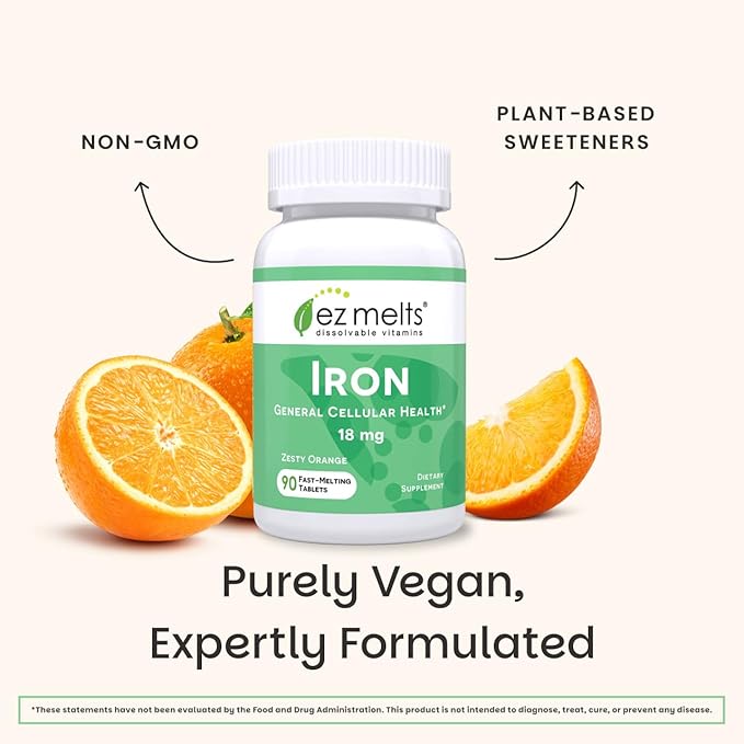 EZ Melts Iron - Supplement for Daily Energy &amp Iron Support - with Vitamin C - No Artificial Flavors - Non-GMO &amp Vegan - Zesty Orange - 90 Dissolvable Tablets (90 Servings)