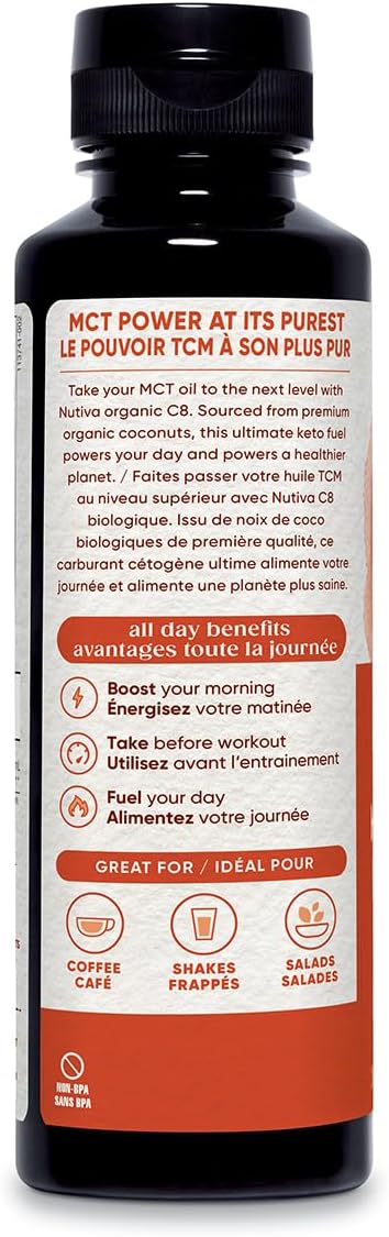 Nutiva Organic Liquid MCT Oil C8- Unflavored - Perfect for Coffee Shakes Salads and More - Great for Vegan Whole Paleo and Keto Diet - Extracted From Coconut - 12floz
