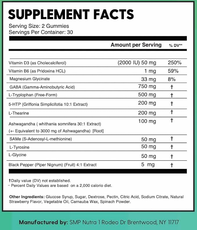 GABA + 5-HTP + SAM-e L-Tryptophan L-Theanine Ashwagandha Gummies All-in-One Natural Supplement Made in USA Vegan 60 Gummies