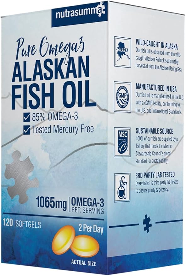 Nutrasumma High Purified Omega 3 Supplement Wild Alaskan Fish Oil Burpless &amp No Fishy Taste 650mg EPA &amp270mg DHA of 1250mg Fish Oil softgels Gluten Free Heart Brain&amp Immune Support 60