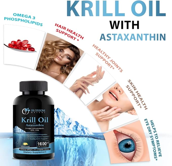 Antarctic Krill Oil Softgels–1600mg per Serving with 2mg Astaxanthin High Omega‑3 (174mg EPA &amp 120mg DHA) in Phospholipid Form–Supports Joint Heart Skin &amp Brain Health–60 Lemon-Flavored Sof