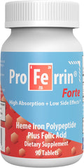 Proferrin Forte-12mg of high Absorbing Heme Iron Polypeptide. Easy on The Gut. 90 Tablets. 1mg of Folic Acid to aid in red Blood Cell Production. Not affected by Coffee Calcium or PPI's.
