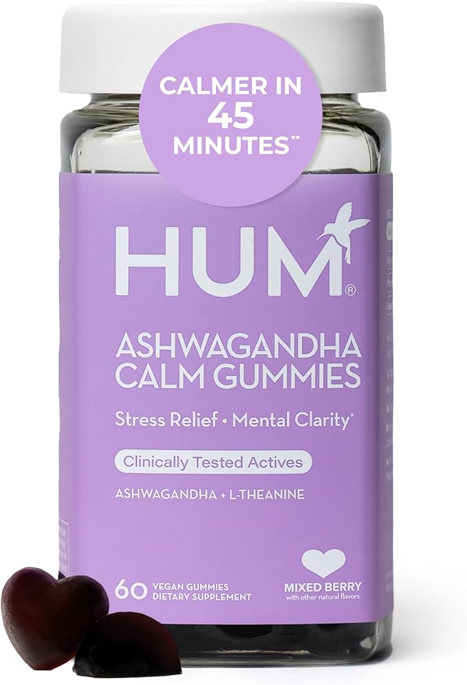 HUM Calm Ashwagandha Gummies for Women and Men L-Theanine Ashwagandha Supplements for Daily Relaxation &amp Clarity Support Vegan Fast Acting Gummy Formula Mixed Berry Flavor 60 Gummies