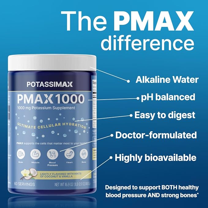 PMAX1000 High Dose Pure Potassium Electrolyte Supplement Powder 1000mg 4-Type Potassium Blend-Citrate Gluconate BicarbonateChloride. Supports Healthy Blood Pressure Heart Kidneys Bones Muscles