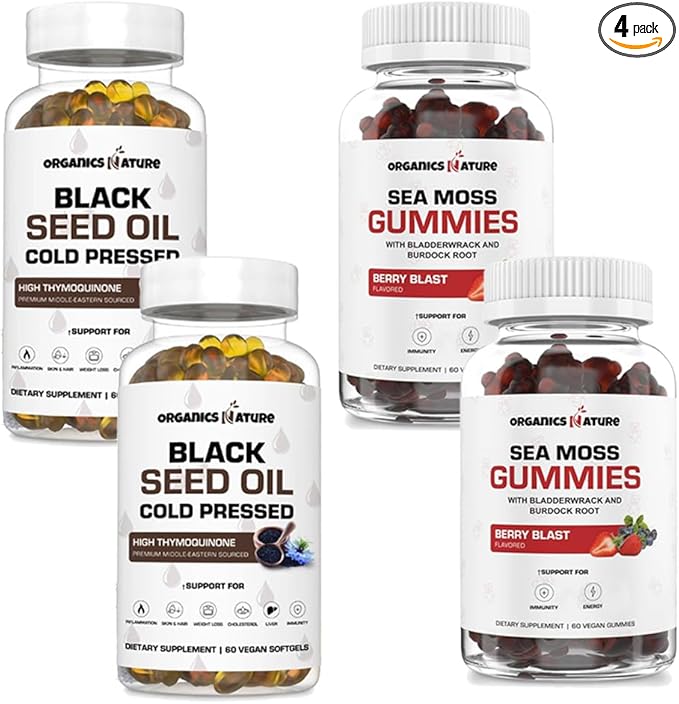 ORGANICS NATURE Black Seed Oil Capsules (2 Bottles) &amp Sea Moss Gummies (2 Bottles) | Vegan Softgels for Hair Skin Heart Joint Support Lung Detox Energy Mucus Clear Thyroid Digestion Omega