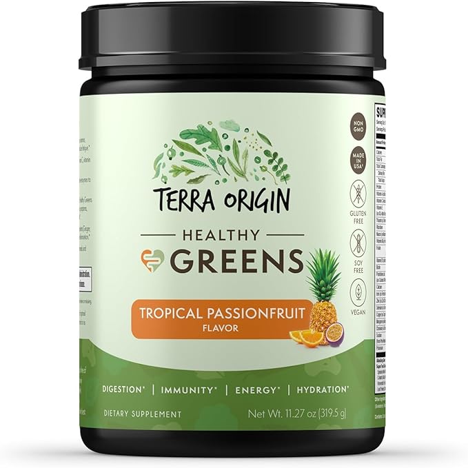 TERRA ORIGIN Healthy Greens Powder Supplement | Superfood Digestive Enzyme &amp Probiotic Blends | Immune Gut and Digestive Support for Women | Tropical Passion Fruit (30 Servings)