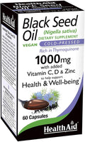 HealthAid Black Seed Oil Capsules 1000mg 60 Count Cold-Pressed with Vitamin C D Zinc for General Health and Wellbeing Vegan Rich in Thymoquinone
