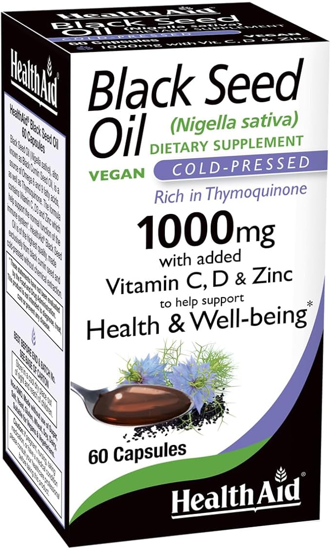 HealthAid Black Seed Oil Capsules 1000mg 60 Count Cold-Pressed with Vitamin C D Zinc for General Health and Wellbeing Vegan Rich in Thymoquinone