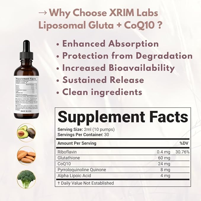 xrim Gluta+CoQ10 – Liposomal Glutathione with CoQ10 PQQ Alpha Lipoic Acid &amp Riboflavin | Antioxidant Support &amp Cellular Function – 30 Servings (2oz Liquid)