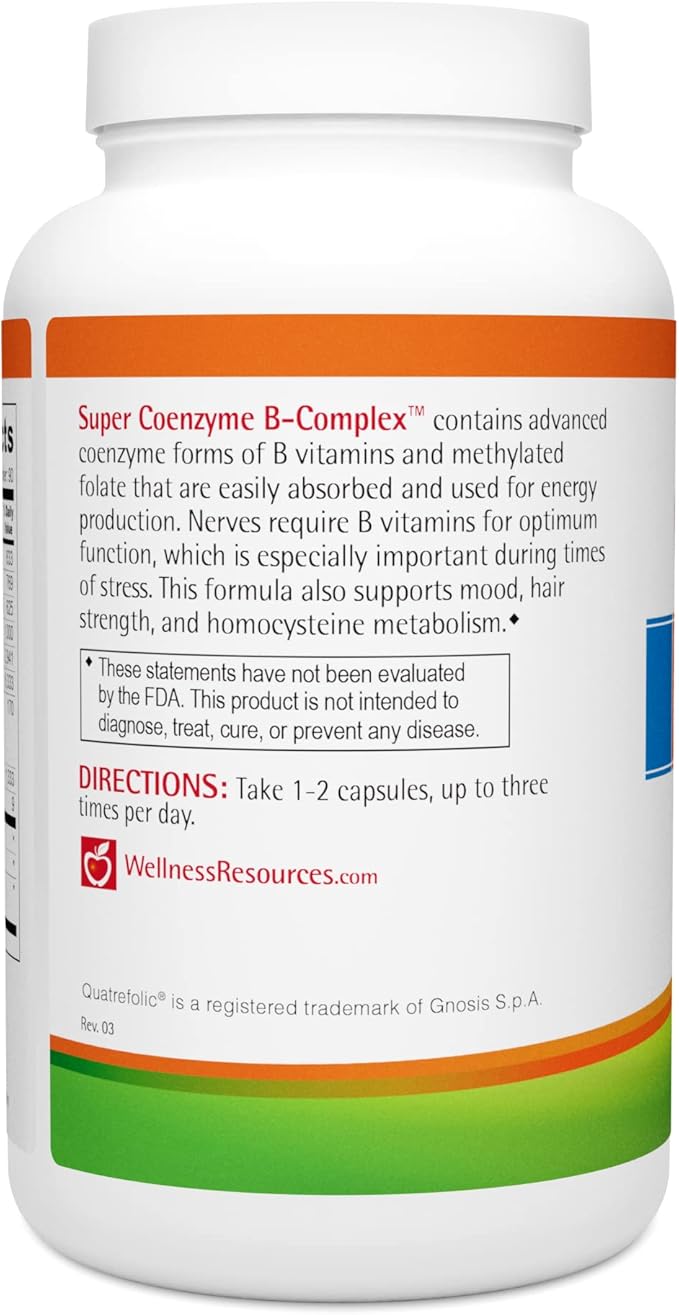 Wellness Resources Super Coenzyme B Complex - 180 Capsules - Vitamin B12 Vitamin B Complex for Hair Growth Adrenal Support &amp Stress Relief - Methylated B12 Folate Biotin Riboflavin Thiamine