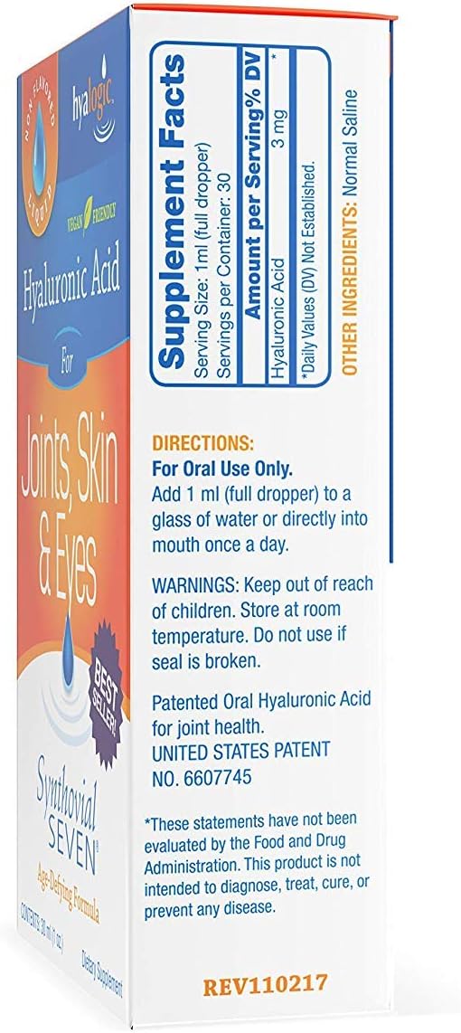 Hyalogic Synthovial Seven Liquid Hyaluronic Acid – Vegan Oral Joint &amp Skin Supplement High Molecular Weight Pure Hydration Support Supplements 1 oz (2 Pack)