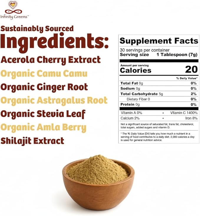 Infinity-C Organic Whole-Food Sourced Vitamin C Powder | Acerola Camu Camu &amp Amla | 1000mg Superfood C | High-Potency | Shilajit Astragalus Root &amp Ginger | Vegan Non-GMO (30 Servings)