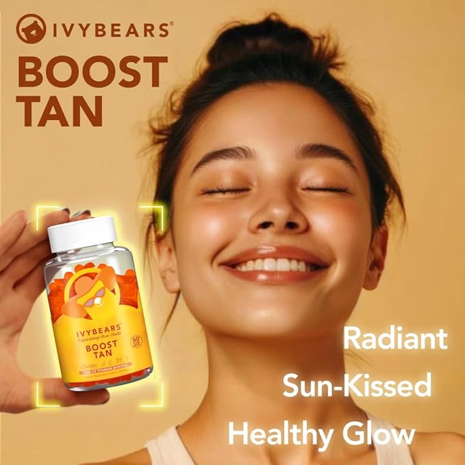 IvyBears Glow Tanning Gummies - Beta Carotene Vitamin A C D2 &amp E - [AI Tanning Specialist ADA] Supports Healthy Tan &amp Glow - Vegan &amp Made in Germany - Pack of 60 - Boost Tan