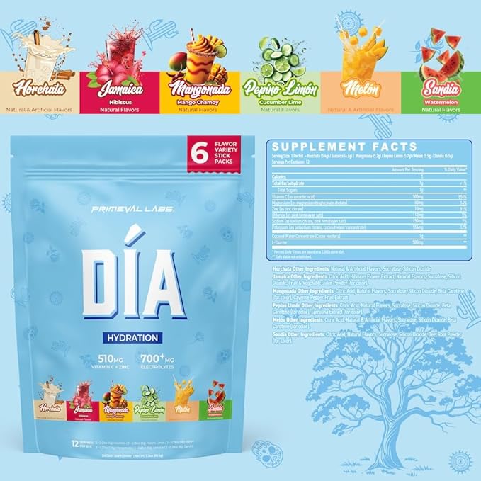 Primeval Labs Dia Hydration Powder | 6 Flavor Variety Pack | Electrolyte + Vitamin C + Zinc Drink Mix | Hydration Support for Men &amp Women | 12 Sticks Per Pack