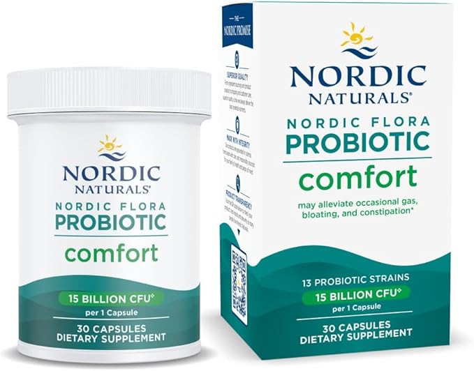 Nordic Naturals Nordic Flora Probiotic Comfort - 30 Capsules - 13 Probiotic Strains w/ 15 Billion Cultures - Supports Regularity &amp Digestive Comfort Alleviates Bloating - Non-GMO Vegan - 30 Serv