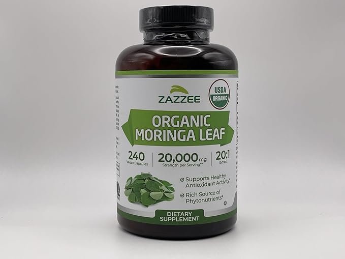Zazzee USDA Organic Moringa Leaf 20:1 Extract 1000 mg Per Serving 240 Vegan Capsules 4 Month Supply Certified Kosher Moringa Oleifera Antioxidant Immune &amp Cellular Support Made in the USA
