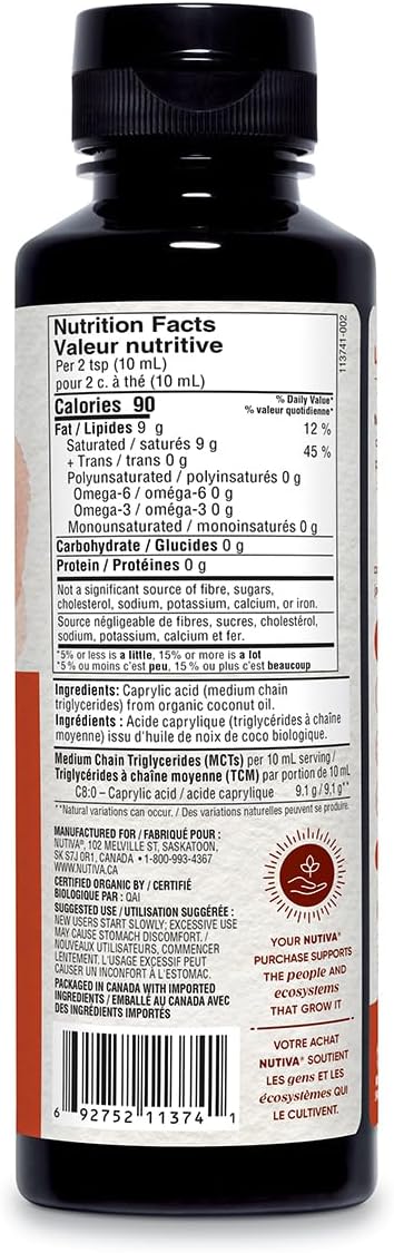 Nutiva Organic Liquid MCT Oil C8- Unflavored - Perfect for Coffee Shakes Salads and More - Great for Vegan Whole Paleo and Keto Diet - Extracted From Coconut - 12floz