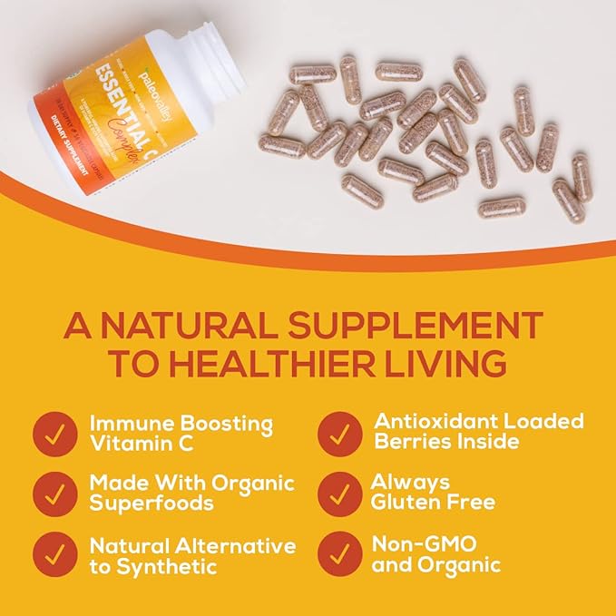 Paleovalley Essential C Complex - Vitamin C Supplement for Immune Support - 1 Pack 450mg - Organic Superfoods Unripe Acerola Cherry Camu Camu Amla Berry - No Synthetic Ascorbic Acid - USA Made