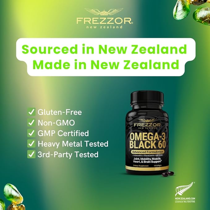 FREZZOR Omega 3 Black for Joint Care &amp Comfort - New Zealand Green Lipped Mussel Oil Capsules 53x Higher Potency with UAF1000+ Super Antioxidant No Fishy Aftertaste 1-Pack 60 Softgels