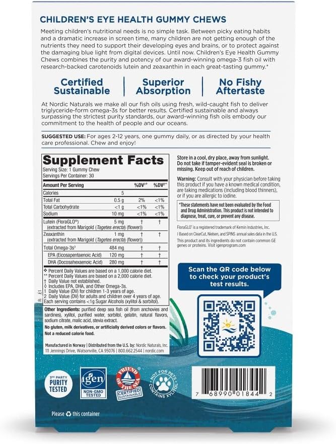Nordic Naturals Children’s Eye Health Gummies Strawberry Lemonade - 30 Gummies for Kids - 484 mg Total Omega-3s DHA Lutein &amp Zeaxanthin - Brain Health Antioxidant Support Non-GMO - 30 Servings