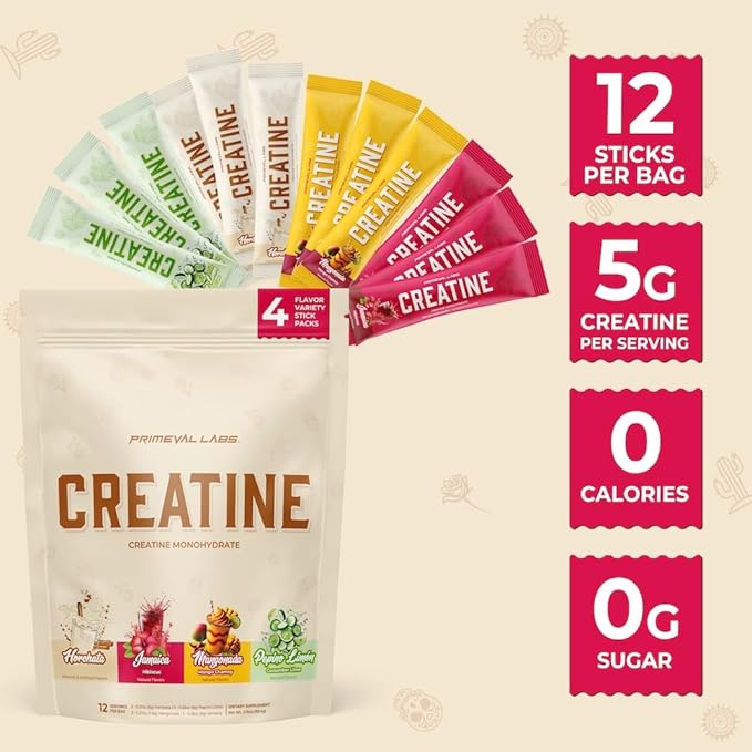 Primeval Labs Clean Creatine Monohydrate Powder | Flavored Powder for Muscle Strength &amp Recovery | Latin Aqua Fresca Flavors | Workout Supplement for Men &amp Women | 12 Servings | Variety Pack