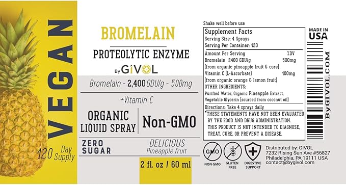 Organic Raw Bromelain Mist-Liquid Pineapple Extract - Enhanced Potency 500mg for Kids &amp Adults - Non-GMO - 60ml 120 Day Supply