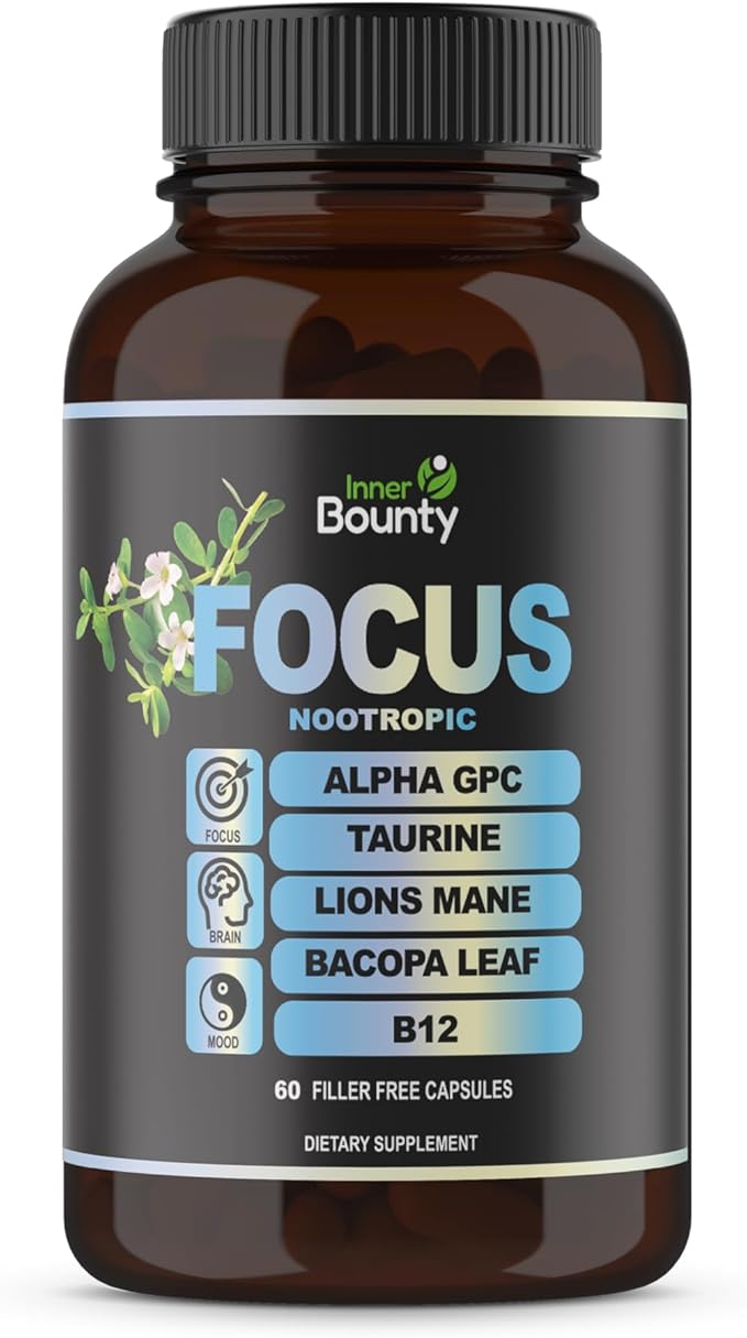 Focus 14-in-1 Nootropic Brain Supplement with Lions Mane Alpha GPC Choline Vitamin C &amp B12 Taurine Bacopa - Energy Cognitive Memory Support 60 Filler Free Capsules