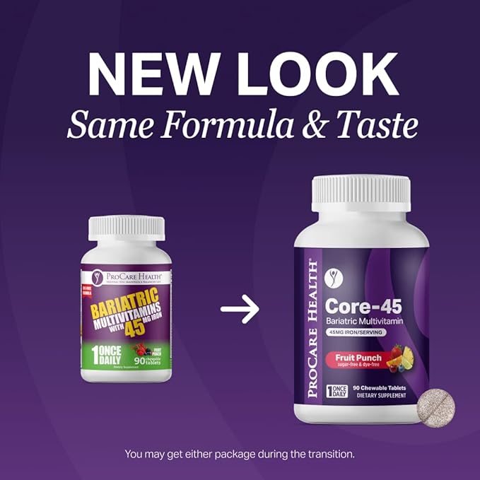 Procare Health Bariatric Multivitamin with Iron 45mg Chewable (30 Tablets) - Fruit Punch Flavor Bariatric Multivitamin Chewable Pills for Gastric Bypass &amp Sleeve Gastrectomy Patients (01 Month Sup