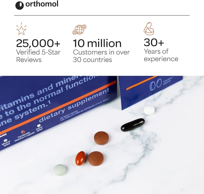 Orthomol Immun Immune Support Supplement Tablets &amp Capsules for Adults with Vitamin C Zinc Selenium Iodine Vitamin D E AB Calcium 25+ Immune Boost Nutrients for Daily Health (30 Day Supp
