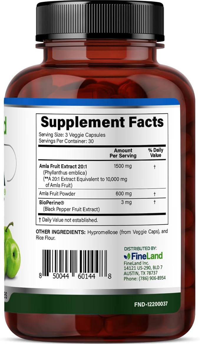 FineLand Amla (Indian Gooseberry) Full Spectrum Extract with BioPerine® for Absorption Rich in Natural Vitamin C Immune &amp Digestive Support – 90 Vegan Capsules