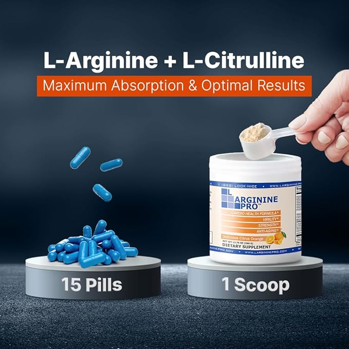 L-ARGININE PRO | 5500mg L-Arginine Plus L-Citrulline 1100mg Orange Powder Drink Mix Supplement for Increased Nitric Oxide Production