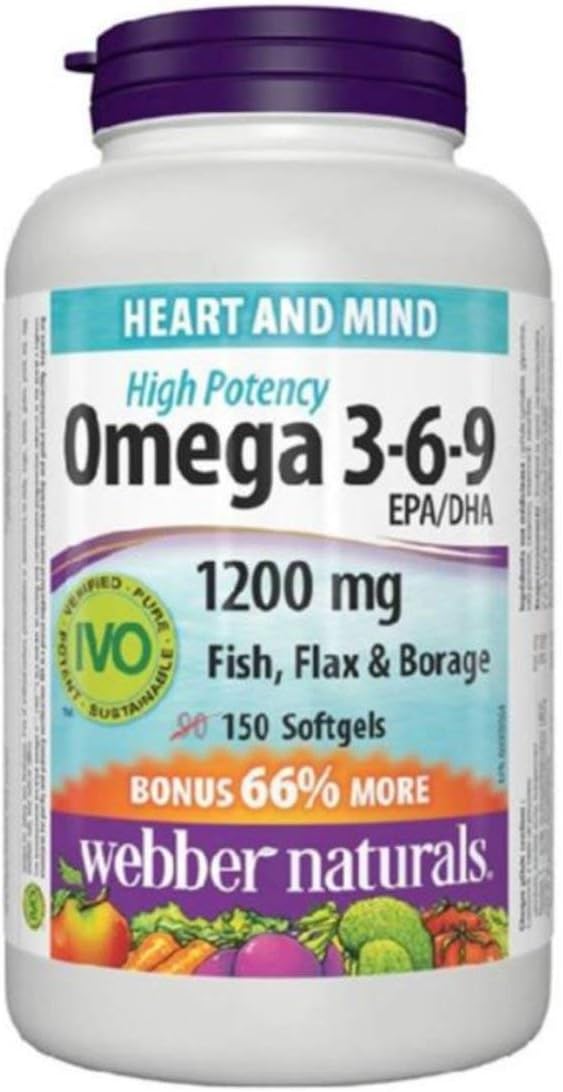 Webber Naturals Omega 3-6-9 High Potency 1200 mg Fish Flax &amp Borage 150 Softgels