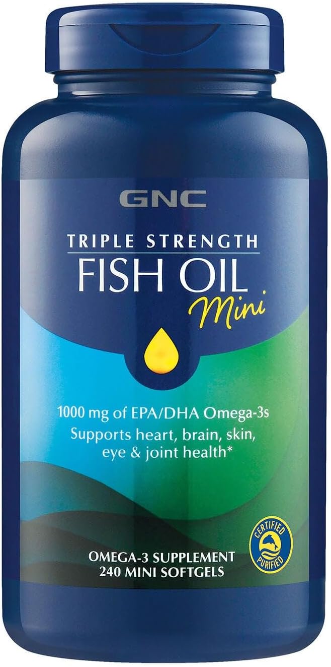 GNC Triple Strength Fish Oil Mini Omega 3 Supplement 1000mg EPA and DHA Supports Heart Brain Skin Eye and Joint Health 240 Mini Softgels