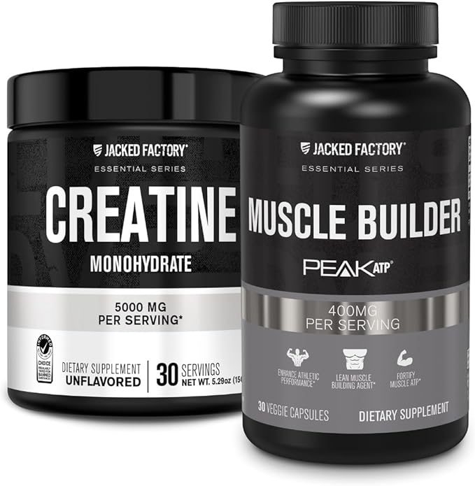 Jacked Factory Creatine Monohydrate Powder 150g - Creatine Supplement for Muscle Growth Increased Strength &amp Essentials Muscle Builder - Daily Muscle Builder with PeakATP (30 Capsules)
