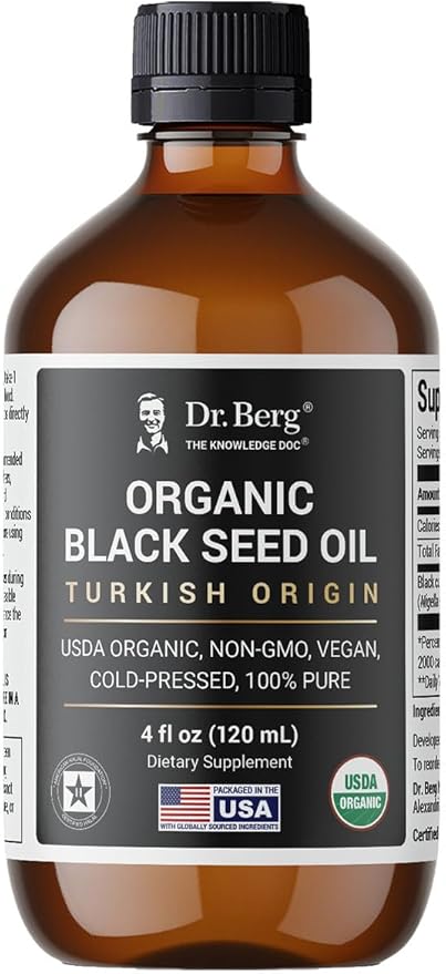 Dr. Berg Black Seed Oil Organic Cold Pressed – Pure Nigella Sativa Black Cumin Oil – USDA Organic Halal Vegan – for Hair Skin Immune Support – Unrefined Liquid – 4 oz Glass Bottle