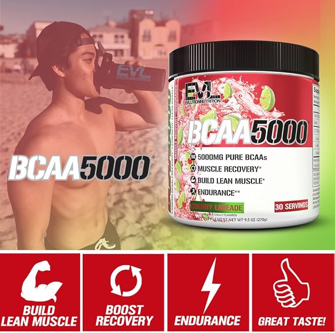 Evlution EVL BCAAs Amino Acids Powder - BCAA Powder Post Workout Recovery Drink and Stim Free Pre Workout Energy - 5g Branched Chain Amino Acids Supplement for Men - Cherry Limeade