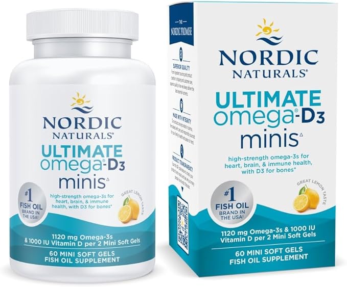 Nordic Naturals Ultimate Omega Mini D3 Lemon Flavor - 60 Mini Soft Gels - 1120 mg Omega-3 + 1000 IU Vitamin D3 - EPA &amp DHA - Promotes Brain &amp Heart Health - 30 Servings