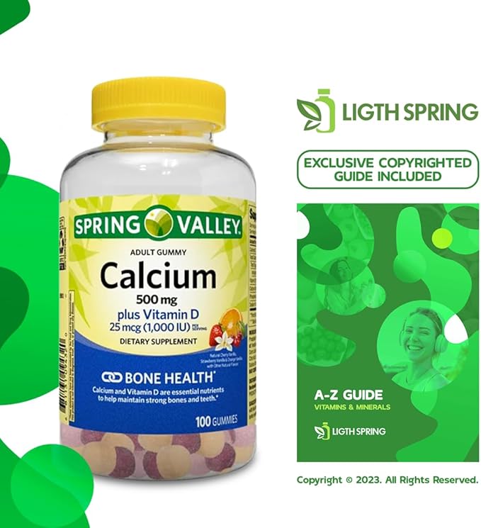 Calcium Plus Vitamin D Adult Gummies 500 mcg 1000 IU Assorted Flavors 100 Ct Bundle with Exclusive Vitamins &amp Minerals - A to Z - Better Ligth&ampSpring Guide (2 Items)
