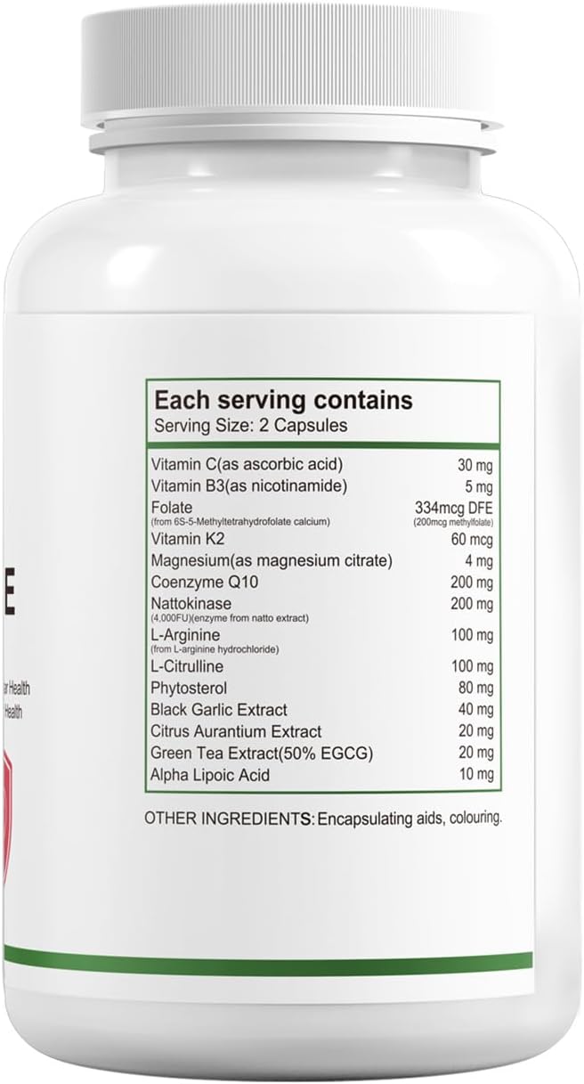 HUJ BIO CARDIOONE - 14 in 1 Formula with Nattokinase L-Arginine L-Citrulline &amp Black Garlic Extract - Vascular Health Circulation and Blood Flow Support - 60 Capsules