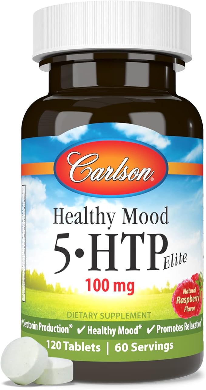 Carlson - Healthy Mood 5-HTP Elite 100 mg Serotonin Production Healthy Mood &amp Promotes Relaxation Natural Raspberry Flavor 120 Tablets