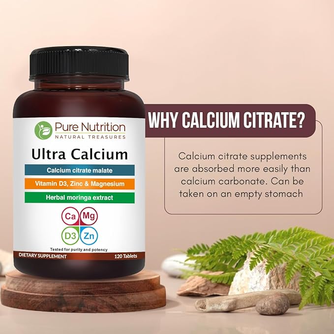Pure Nutrition Ultra Calcium 1000mg with VIT D3 + K2 | 120 Tab | Calcium Supplement with Calcium Citrate Malate VIT D3 K2 Moringa Oleifera Magnesium and Zinc.