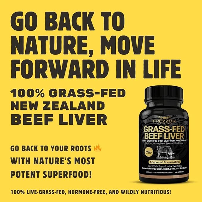 FREZZOR New Zealand 100% Live-Grass-Fed Beef Liver 180 Capsules Supports Energy Production Detoxification Digestion Immunity and Full Body Wellness Non-GMO 3000 mg per Serving