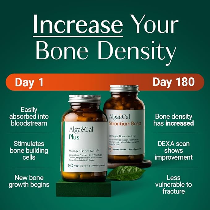 ALGAECAL Bone Builder Pack - Plant Based Calcium Supplement &amp Strontium - Organic Calcium 750mg with Vitamin D3 1600 IU Vitamin K2 Magnesium 16 Nutrients for Bone Health &amp Density (3-Month