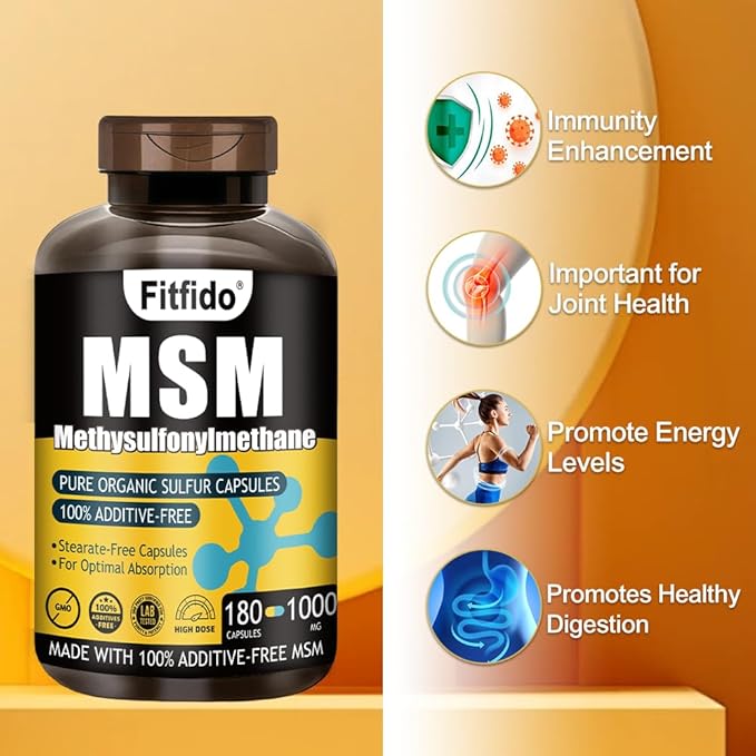 MSM Capsules 1000mg - Organic Sulfur Supplement for Joint Health Functional Wellness Hair Skin &amp Nails Non-GMO Gluten Free 180 Capsules