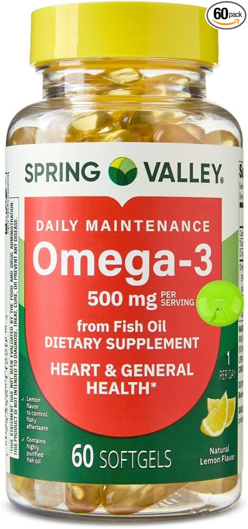 SUREFECT Spring Valley Daily Maintenance Omega-3 from Fish Oil Dietary Supplement Softgels for General &amp Heart Health Support Lemon Flavor 500 mg 60 Count Organizer.