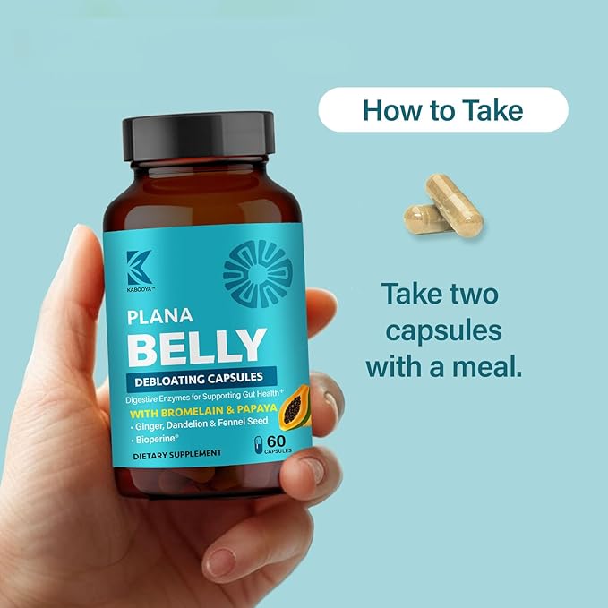 Plana Belly Debloating Supplement – Digestive Enzymes for Bloating &amp Gas Relief with Bromelain Ginger Fennel &amp Dandelion Root – Gut Health Support for Women &amp Men – 60 Capsules